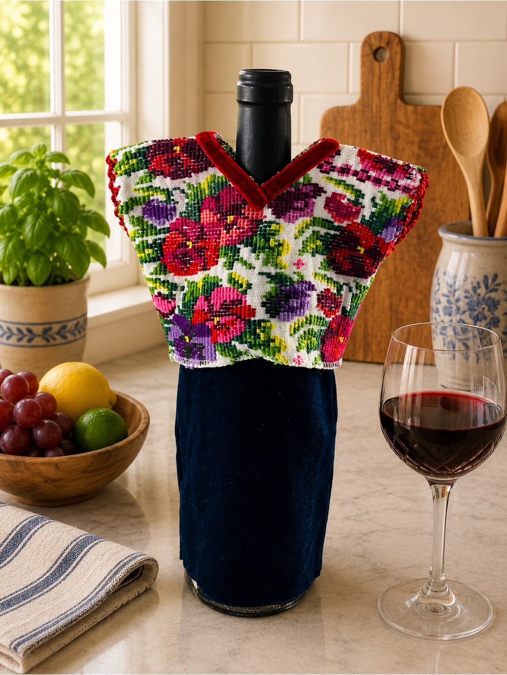 Handmade Guatemalan Wine Bottle Cover | Mini Huipil Dress | Floral Cross Stitch